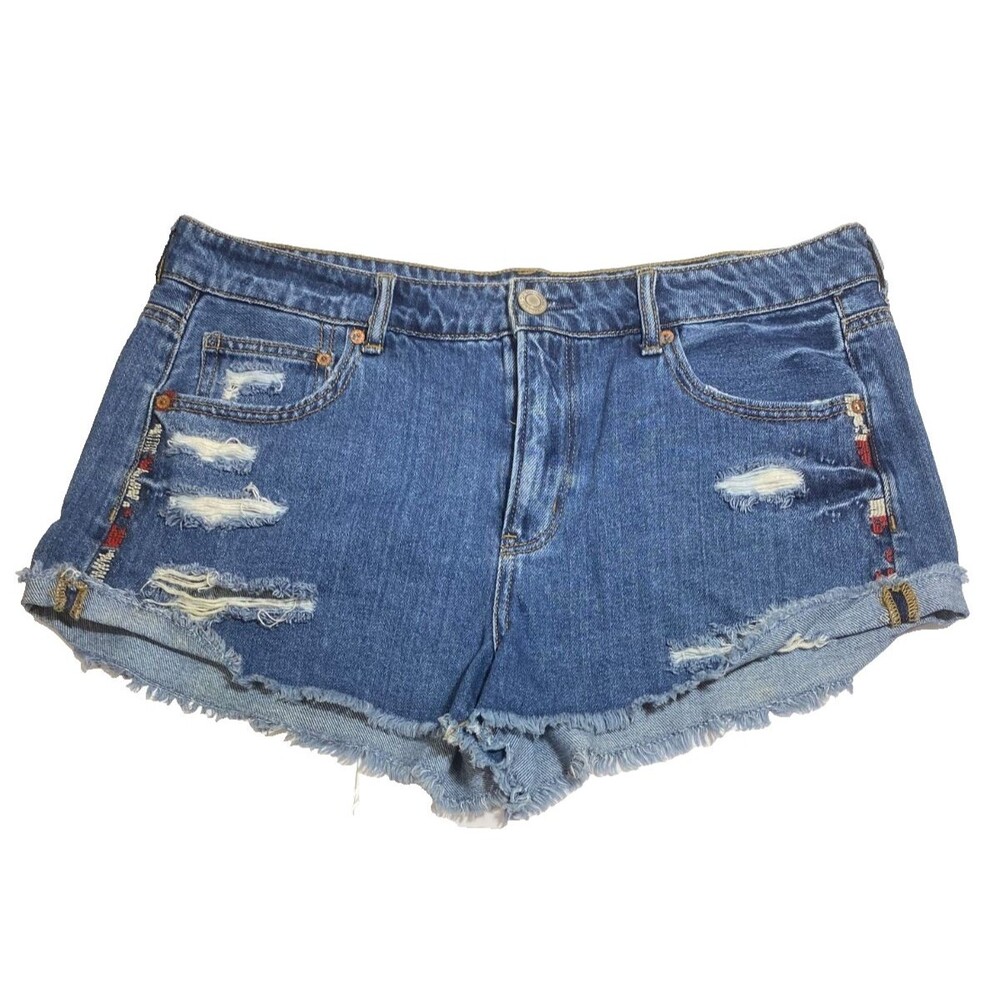 American Eagle Jeans Shorts~Womens 14~Blue Denim~Embroidered~Distressed~Ripped